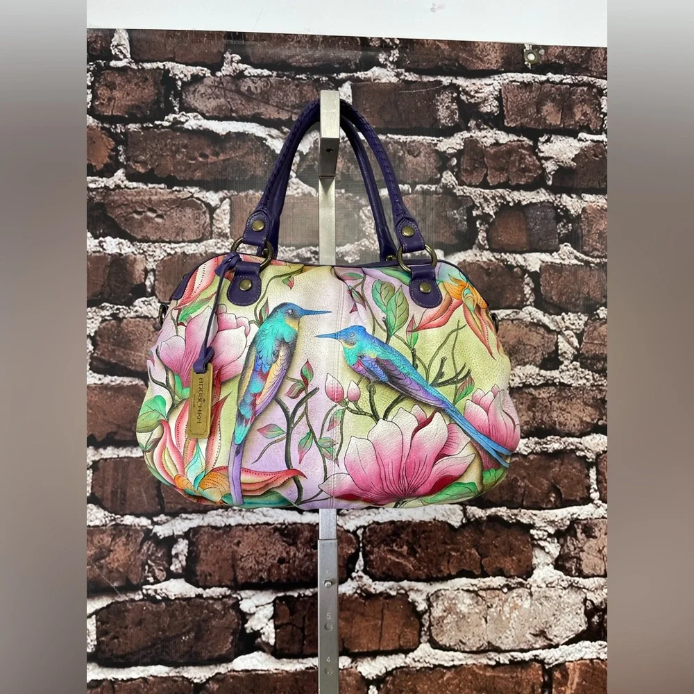 ANUSCHKA Hobo Bag Hand Painted Leather Purse Birds Tropical Flowers - Picture 14 of 15